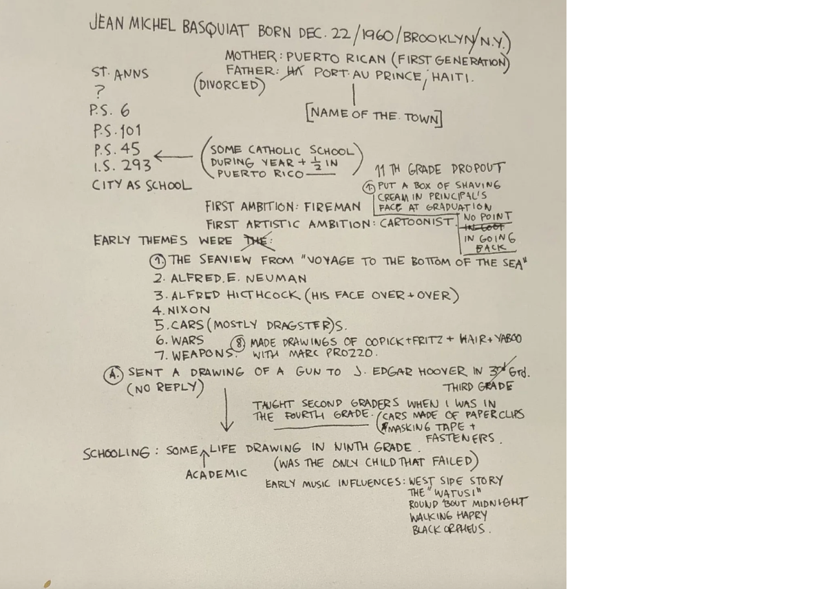 An image of Jean-Michel Basquiat’s handwritten C.V. from his notebooks.