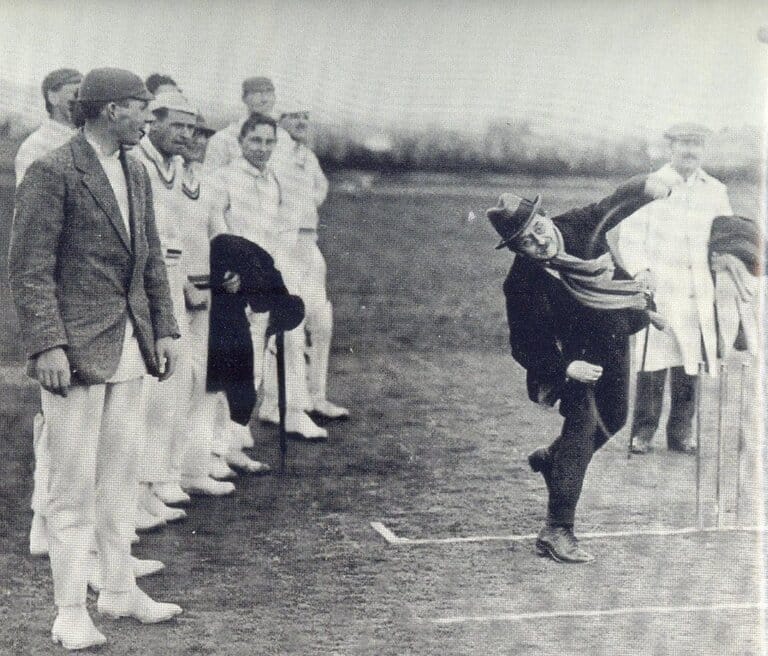 Photo of JM Barrie bowling during an Allahakbarries cricket match.