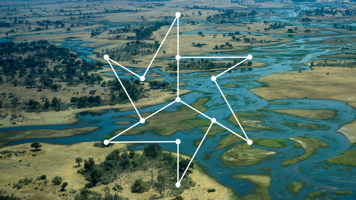 Aerial photo of the Okavango Delta, Botswana overlaid with a graphic.
