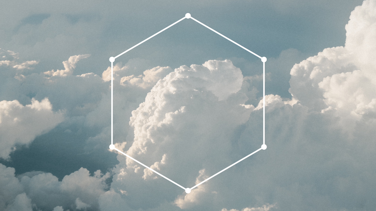 Photo of a blue sky with clouds, overlaid with a graphic of a hexagon.