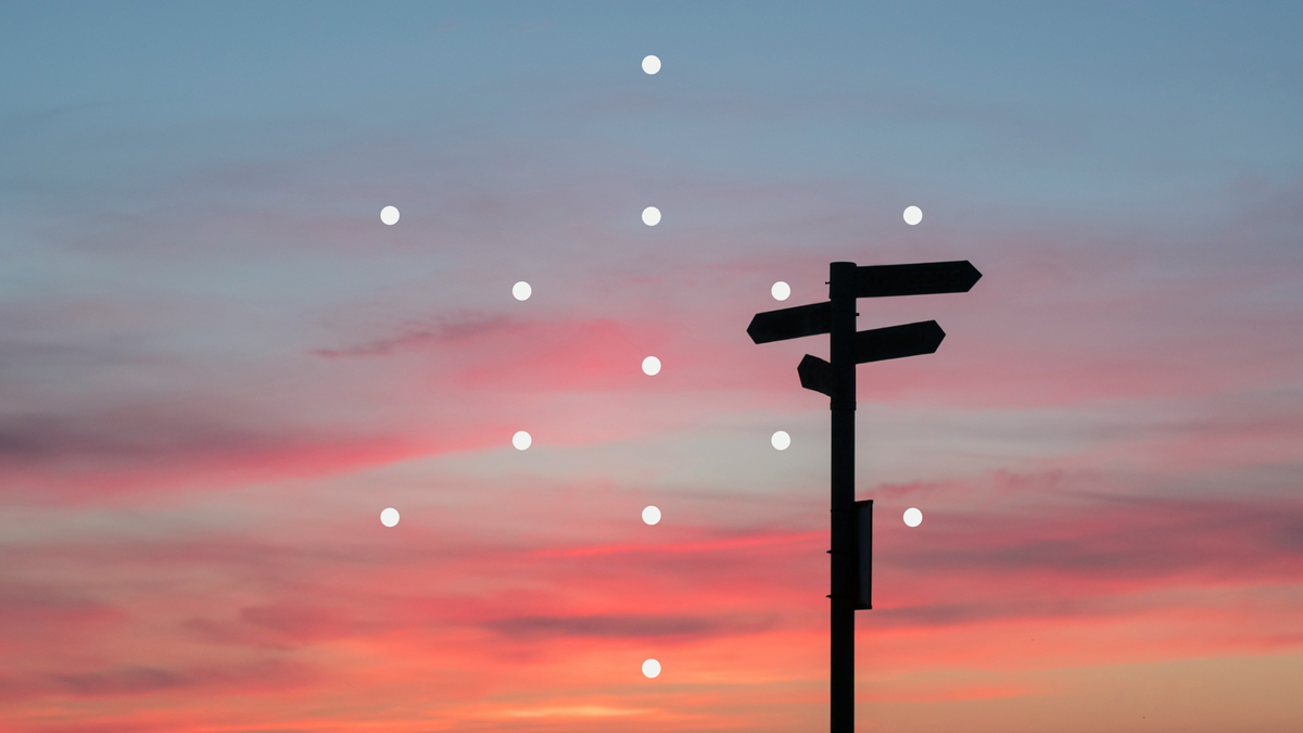 Photo of a sunset sky with silhouetted street signs overlaid with dots in a star pattern.